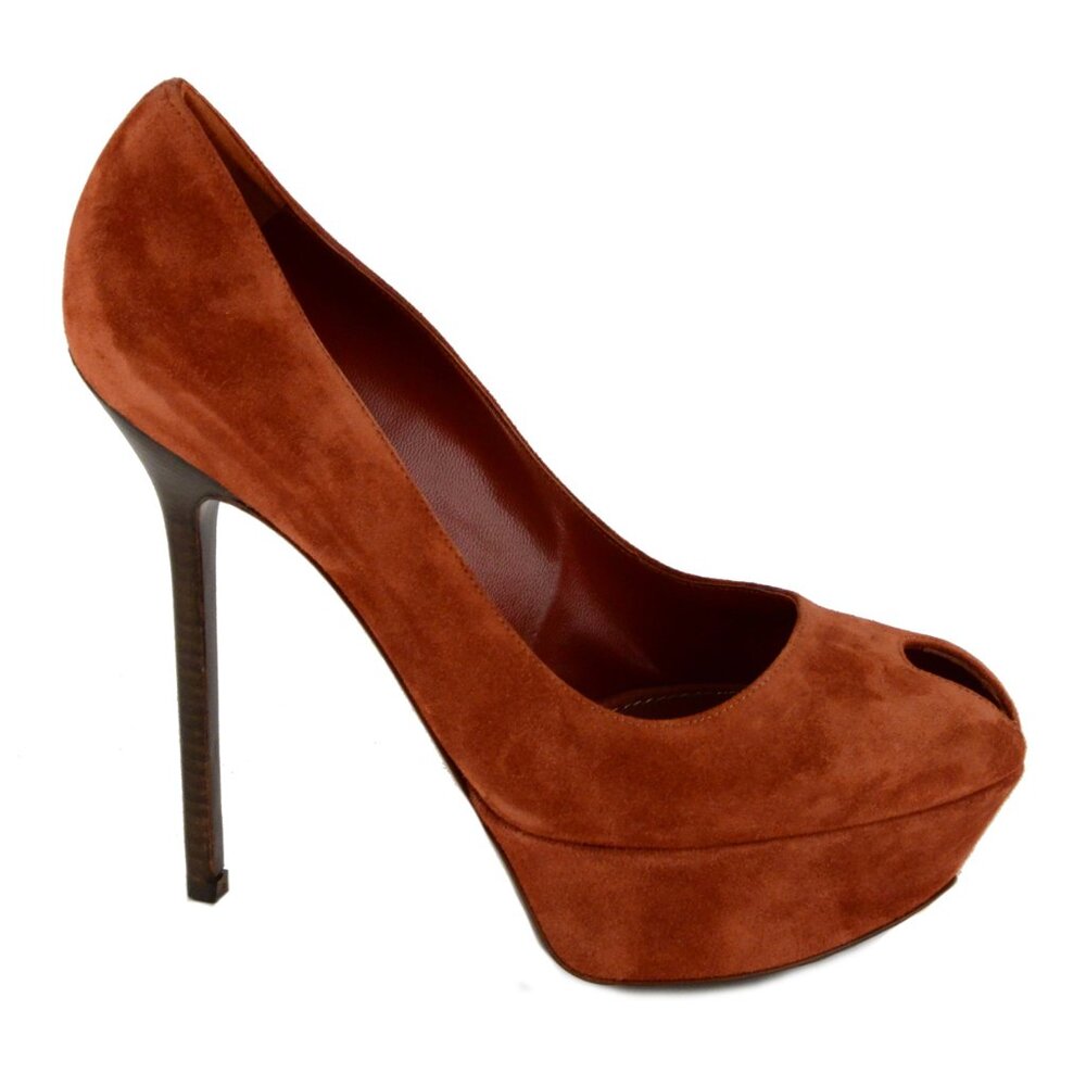 SERGIO ROSSI SHOES CACHET PEEP TOE PLATFORM PUMPS BRICK SUEDE